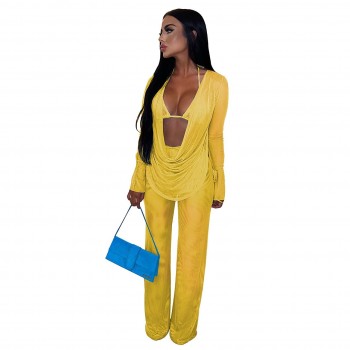 Long Sleeve Top and Wide Leg Pants Three 3 Piece Set Sexy Mesh Outfits for Going Out Club